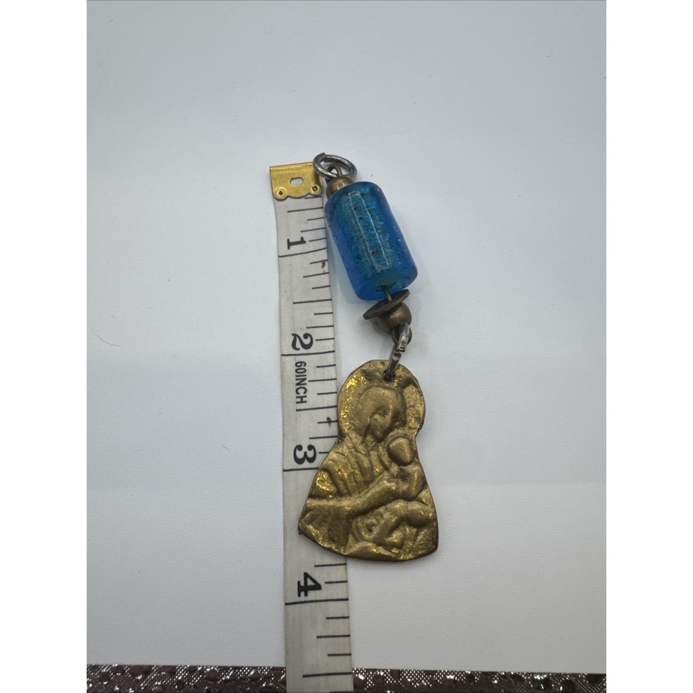 Vintage Virgin Mary Brass Pendant With Blown Glass Bead OOAK RARE
